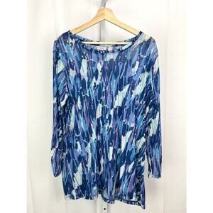 LOGO Size 1X Plus Lori Goldstein Printed 3/4 Sleeve Sheer Mesh Top Twilight Blue